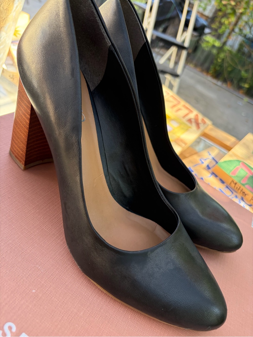 Franco Sarto Black Leather Block Heel Pumps with Wood-Tone Heel